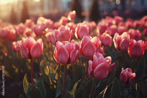 Mesmerizing colored tulips bathed in the glorious light of the enchanting sunset #787483117