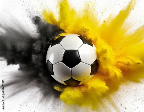 Soccer black yellow explosion paint color powder football fan paint bursting on white background