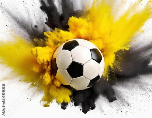Soccer black yellow explosion paint color powder football fan paint bursting on white background