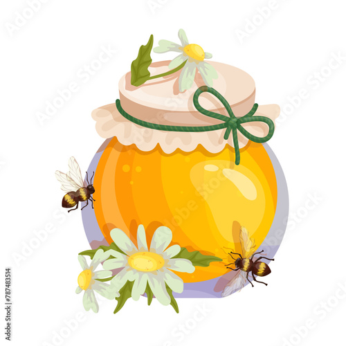 Jar of honey with wild chamomile flowers and honey bees.Vector graphics.