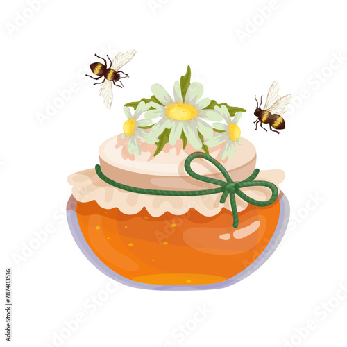 Jar of honey with wild chamomile flowers and honey bees.Vector graphics.