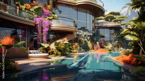 a house that is a digital oasis, with AI artists creating a virtual paradise on its exterior using vibrant and exotic elements