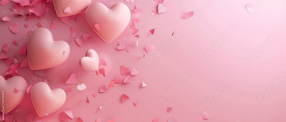 Hearts on pink surface with elegant shadows