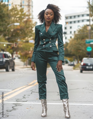 Woman in Green Suit Standing on City Street