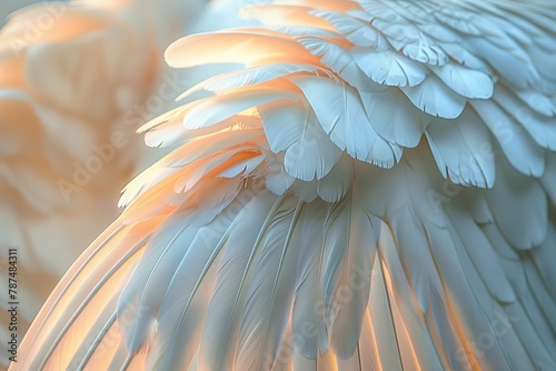 This close-up image of soft feathers highlights the warm light that creates a serene and comforting atmosphere