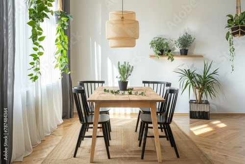 Wooden Dining Room Set With Potted Plants