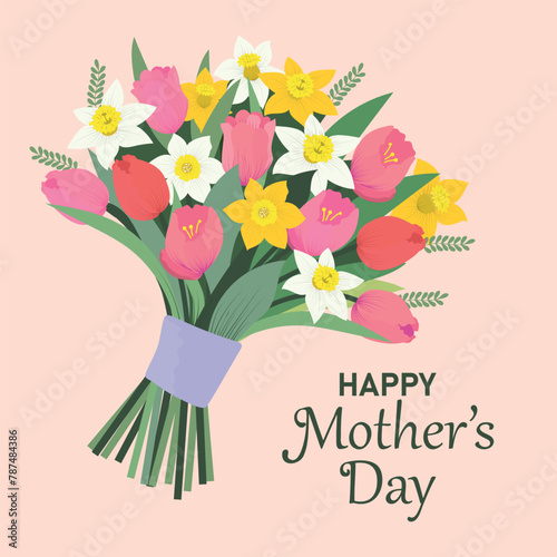 Mother's day greeting card with beautiful bouquet of tulips and daffodil. Hand drawn trendy vector illustration. 