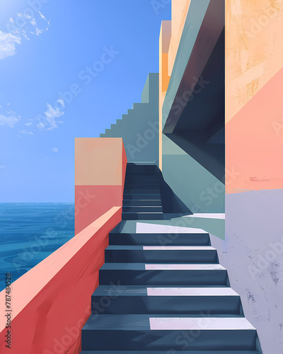 Modern architectural art print with geometric shapes and bold colors, depicting stairs leading to a building