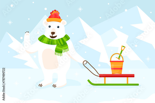 Cute flat polar bear in hat with sleigh and bucket on snowy background. Vector cartoon illustration with ice mountains. Hand drawn image of winter smiling character with sled for poster or template