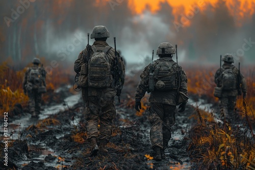 A somber group of soldiers marches through a foggy autumn landscape, evoking feelings of duty and resilience