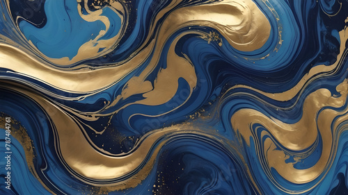 Blue marble and gold abstract background texture. Indigo ocean blue marbling with natural luxury style swirls of marble and gold powder.
