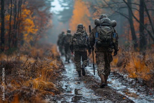 Soldiers in camouflage marching through a muddy forest pathway during a military exercise