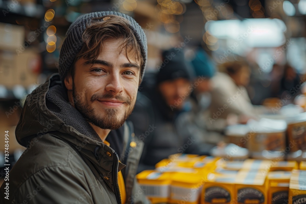 Smiling bearded man in a knit hat and jacket at an outdoor market conveys warmth and friendliness