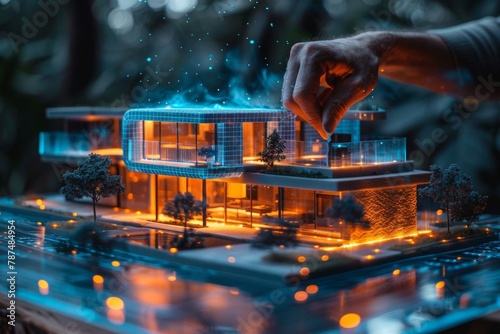A hand fine-tunes a glowing, holographic model of a house, showcasing advanced architectural design