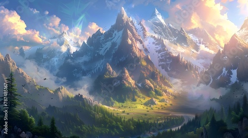 Majestic Peaks Echoing Tales of Nature s Symphonic Beauty in a Stunning Fantasy Landscape photo