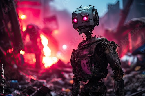 robot amidst the ruins of an abandoned.