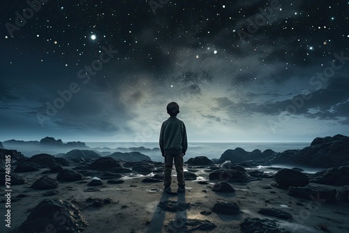A solitary child adrift in the endless expanse of space, combining elements. photo