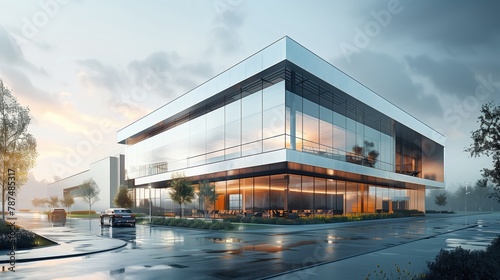 3d render of modern data center office building with glass facade and glowing lights