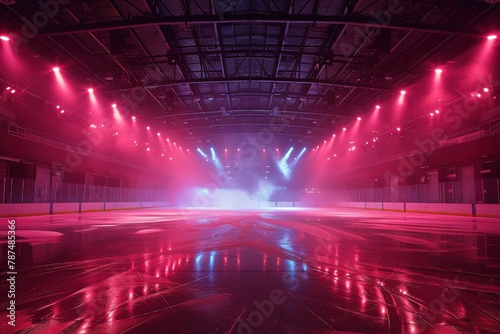 An empty ice rink dramatically lit with vibrant pink lights and reflections on the surface