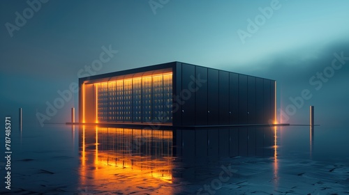 3d render of modern data center office building with glass facade and glowing lights