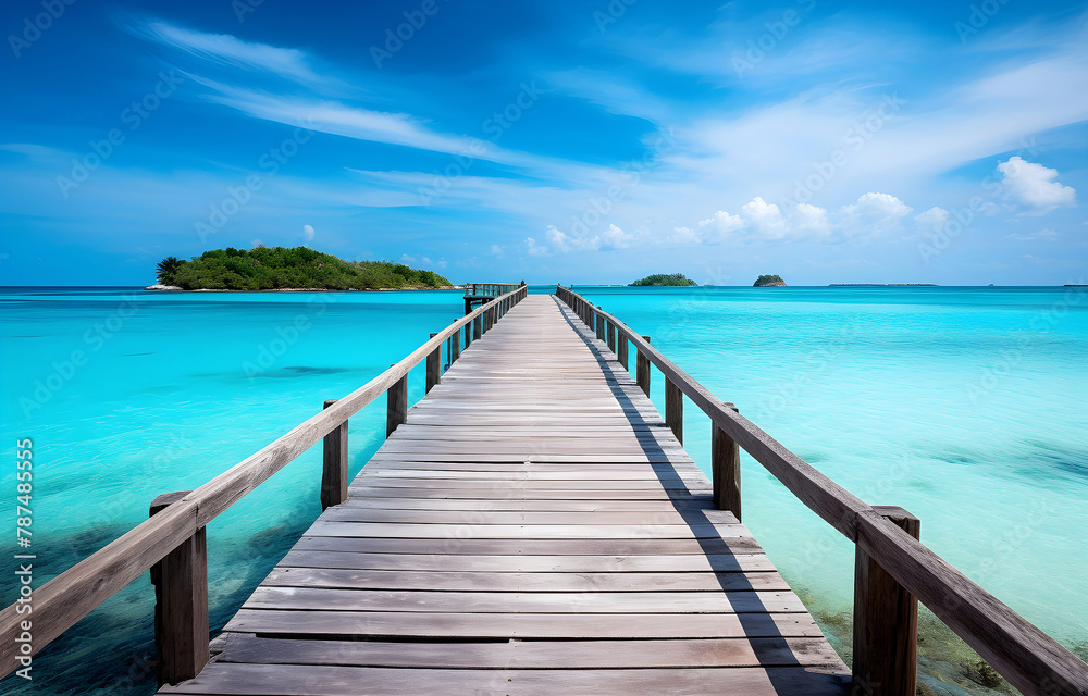 wooden bridge with beautiful turquoise ocean and island for trav