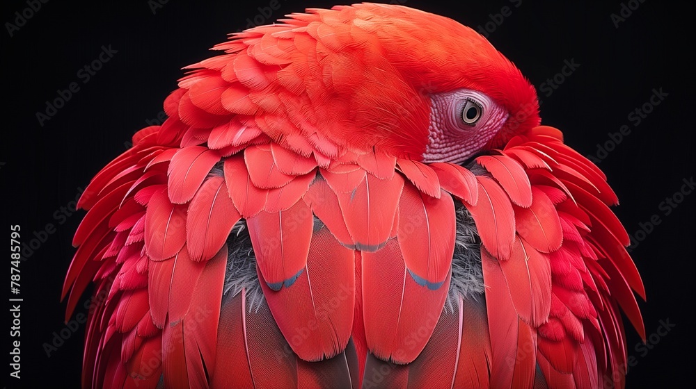 Obraz premium A mesmerizing close-up captures the vibrant plumage of a red parrot, each feather a testament to nature's artistry and beauty-1