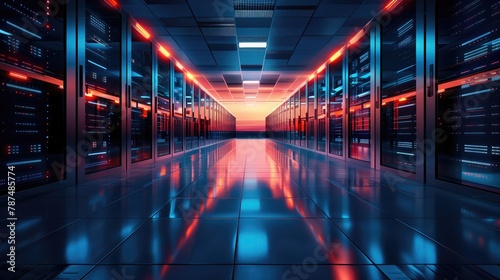 Server room data center Backup, mining, hosting, mainframe computer rack with storage information