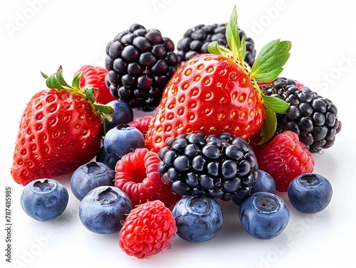 strawberries, raspberries, blueberries and blackberries on a white isolated background