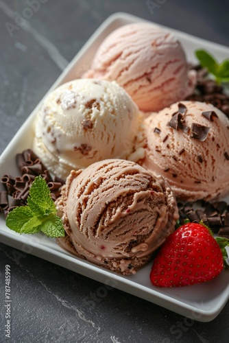 three scoops of ice cream  each of a different flavor  accompanied by a strawberry and garnished with mint leaves and chocolate curls
