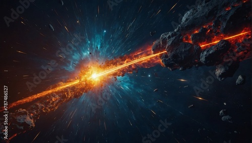 Celestial abstract scene, flaming comet, burst, laser cutting through the asteroid, intense colors.
