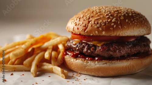 food hamburger in white solid background, pizza, fries  chips