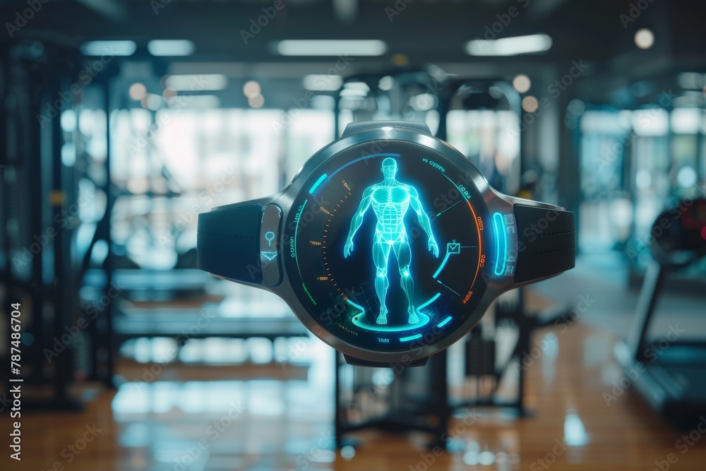 Advanced wearable fitness device in gym displaying digital human ...