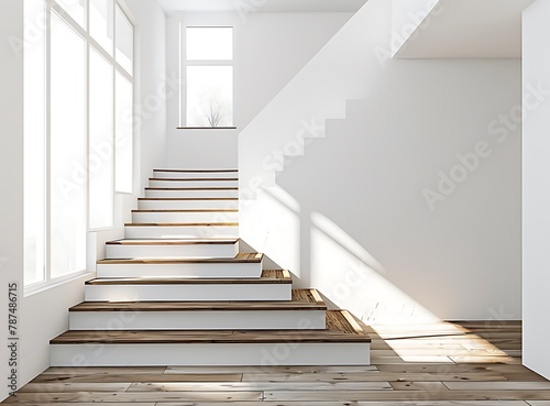 Staircase in a modern home with white walls and wooden steps