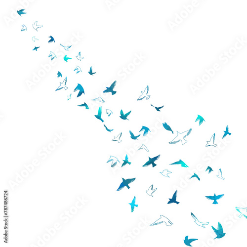 A flock of blue watercolor flying birds. hand drawing. Not AI, Free birds abstraction. Vector illustration