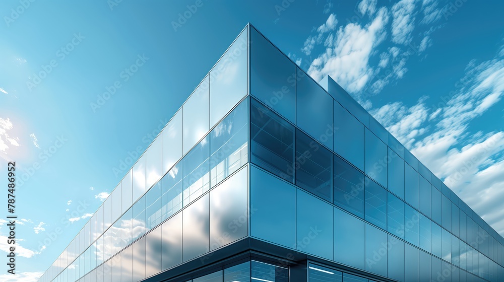3d render of modern data center office building with glass facade and glowing lights