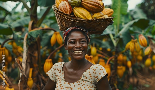 black woman smiling, collecting cocoa beans fresh in the forest, elephants in the background, label, chocolate business card, raw cocoa, Ivory Coast, Africa