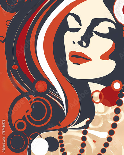 Jazzy  Indonesian-inspired illustration of a vibrant  fashionable woman with bold character design and optical flair