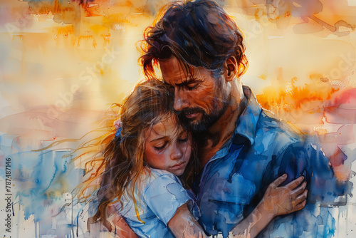 Emotional embrace in a watercolor painting, suitable for themes of love and support. Postcard for the day of the father.