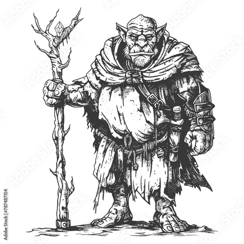 ogre mage or necromancer with magical staff images using Old engraving style