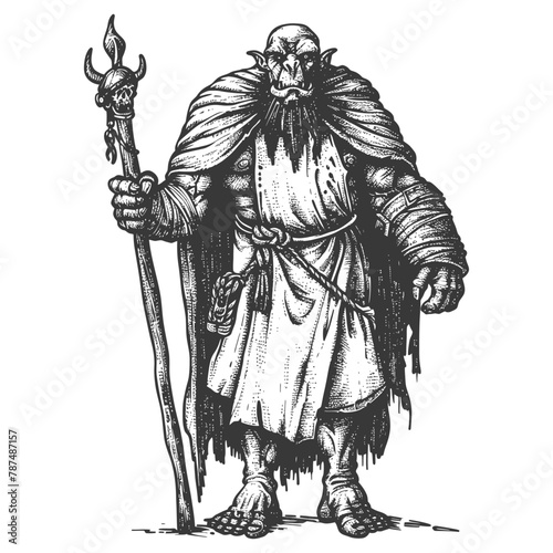 ogre mage or necromancer with magical staff images using Old engraving style