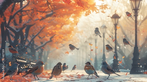 Amidst the tranquility of a city park, a diverse array of birds flock to a bird feeder suspended from a tree, creating a vibrant scene captured through generative AI technology-1 photo