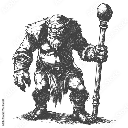 ogre mage or necromancer with magical staff images using Old engraving style