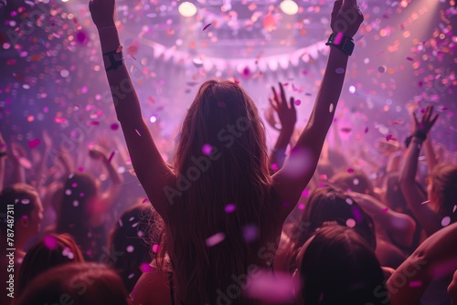 High-energy concert scene with raised hands and vibrant confetti under festive lights
