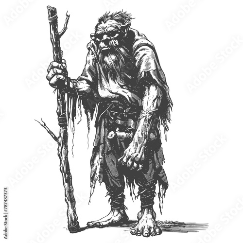 ogre mage or necromancer with magical staff images using Old engraving style