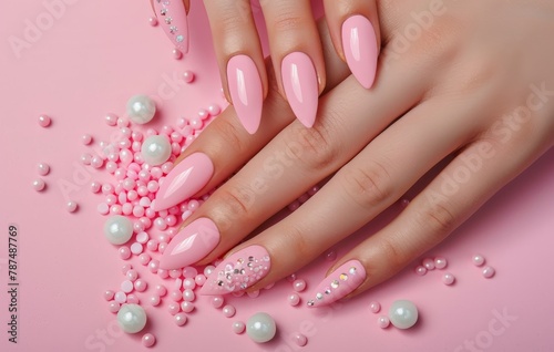 Womans Hands With Pink and White Nail Polish