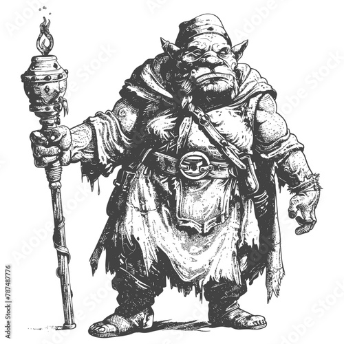 ogre mage or necromancer with magical staff images using Old engraving style