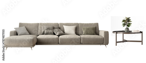 Long brown sofa furniture with table isolated PNG