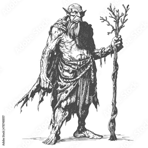 ogre mage or necromancer with magical staff images using Old engraving style