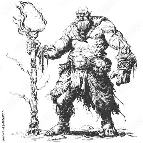 ogre mage or necromancer with magical staff images using Old engraving style