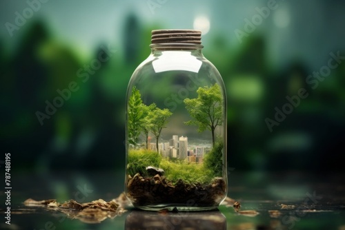 A house surrounded by green trees inside a glass bottle. Concept of recycling, environmental protection, reasonable consumption photo